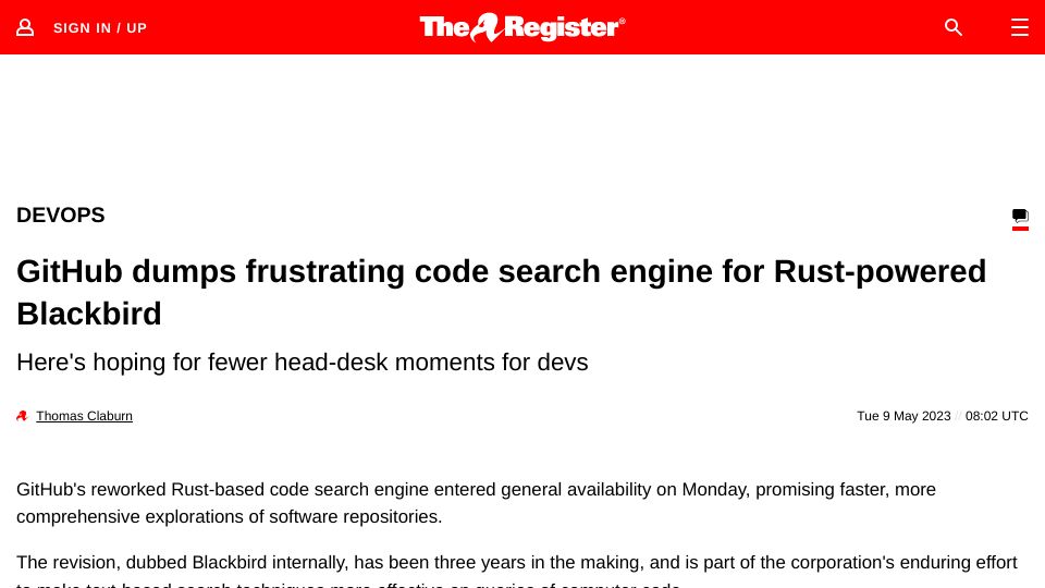 Screenshot of theregister.com: GitHub switches to Rust based Blackbird code search