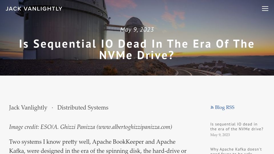 Screenshot of jack-vanlightly.com: Is sequential IO dead in the era of the NVMe drive?