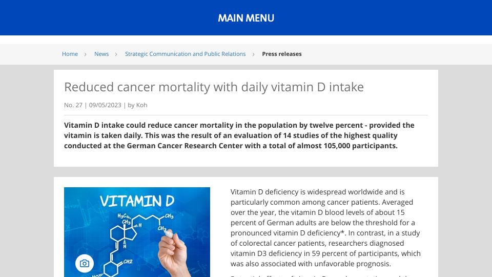 Screenshot of dkfz.de: Reduced cancer mortality with daily Vitamin D intake