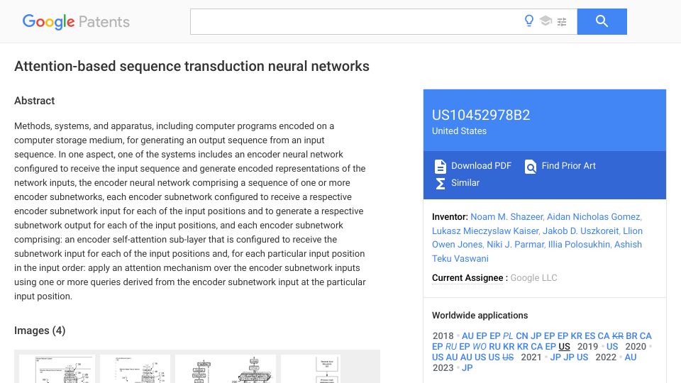 Screenshot of patents.google.com: Patent for attention-based sequence transduction neural networks (2019)