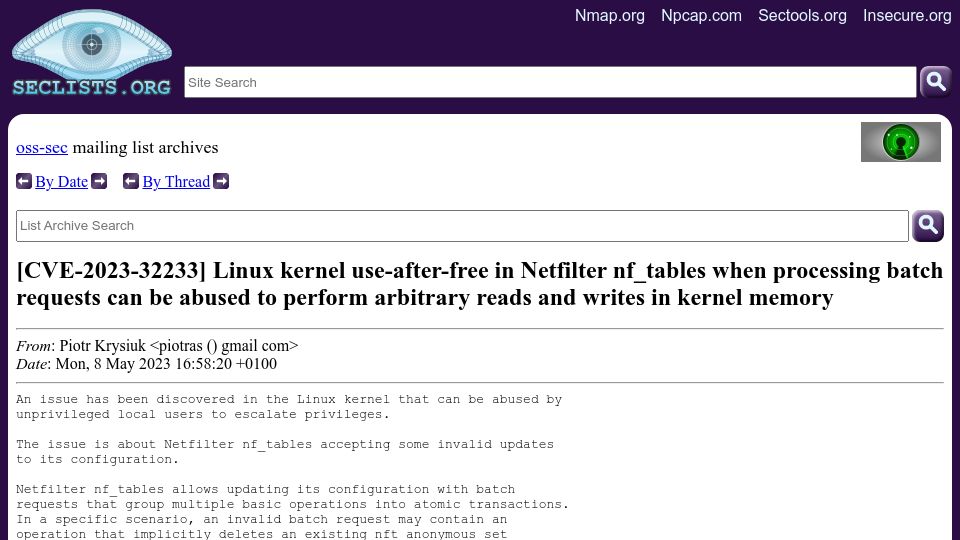 Screenshot of seclists.org: Linux kernel use-after-free in Netfilter, local privilege escalation