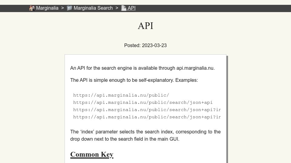 Screenshot of marginalia.nu: Marginalia.nu API