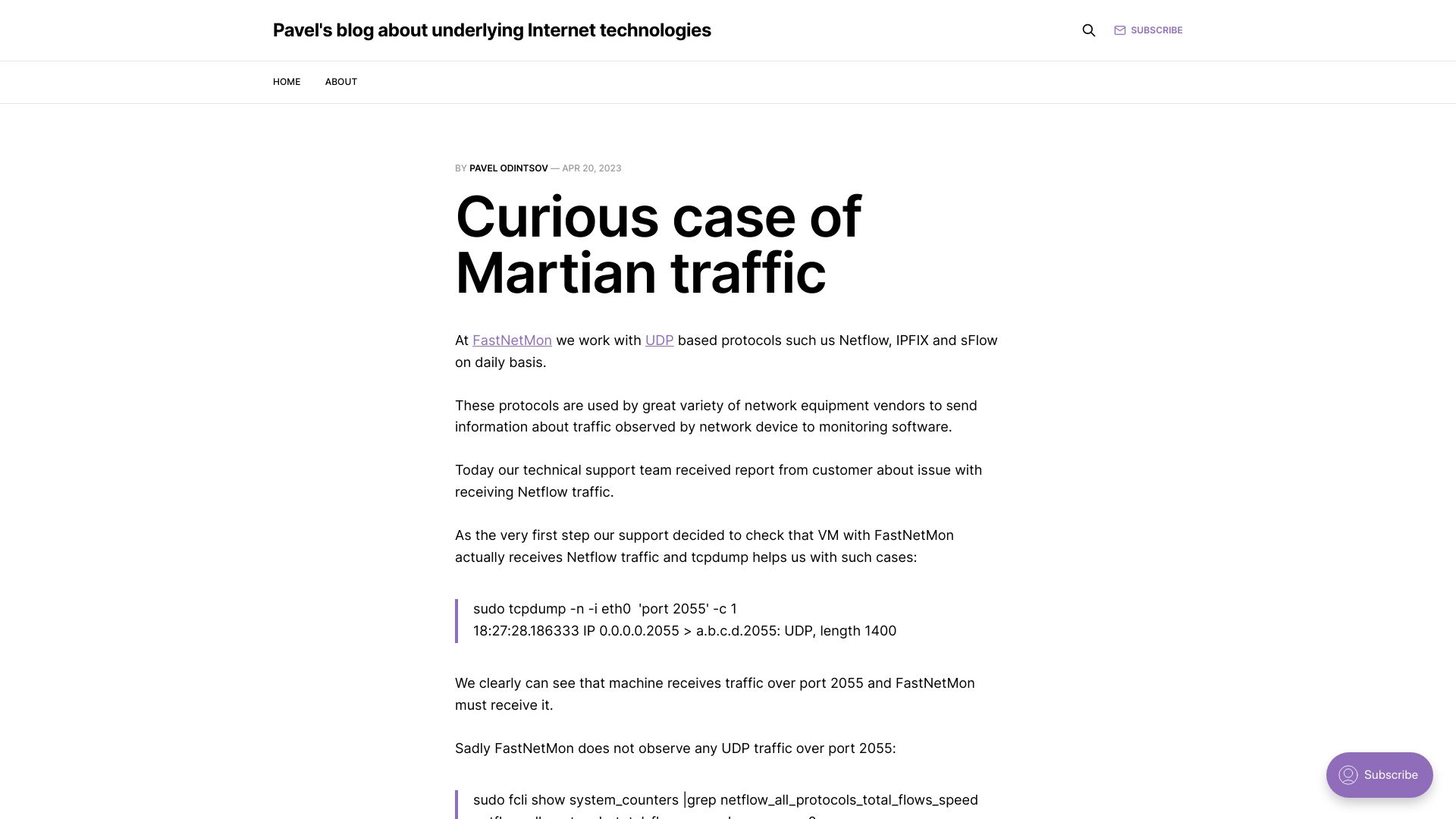 Screenshot of pavel.network: Curious case of Martian traffic in Linux