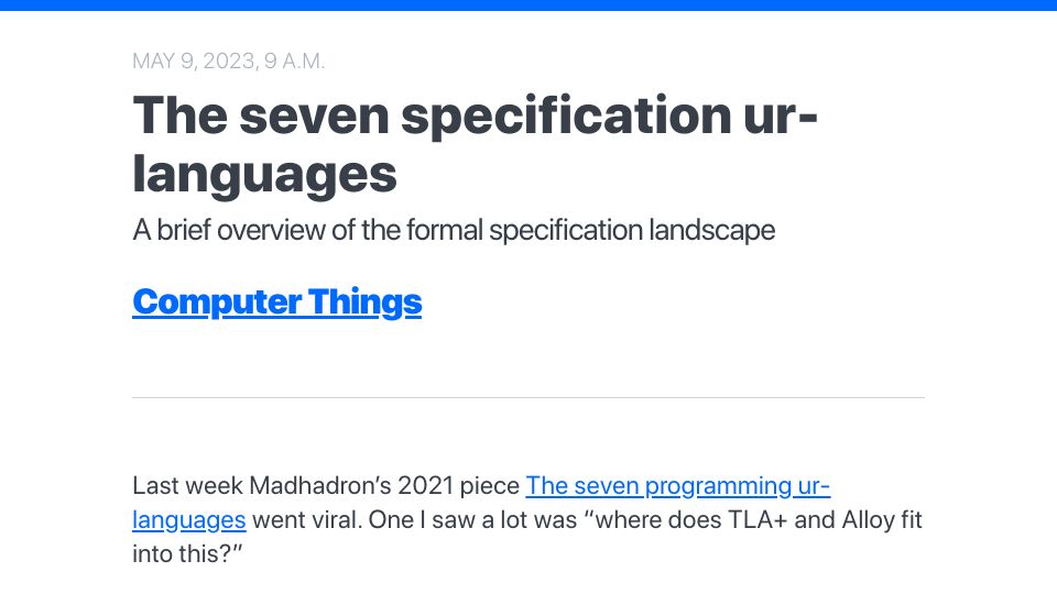 Screenshot of buttondown.email: The seven specification ur-languages