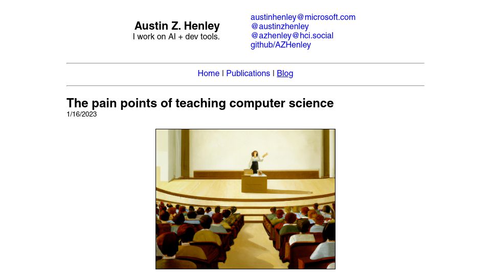 Screenshot of austinhenley.com: Pain points of teaching computer science