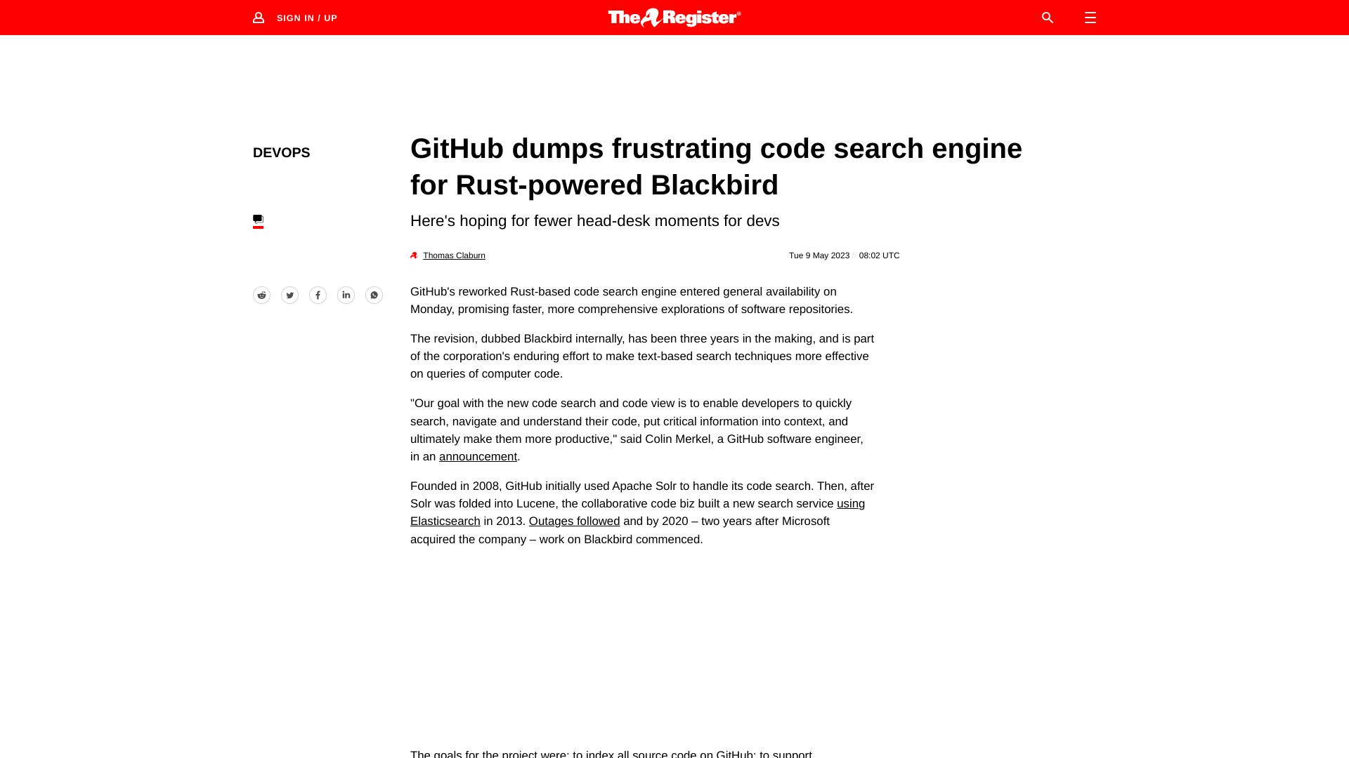 Screenshot of theregister.com: GitHub switches to Rust based Blackbird code search