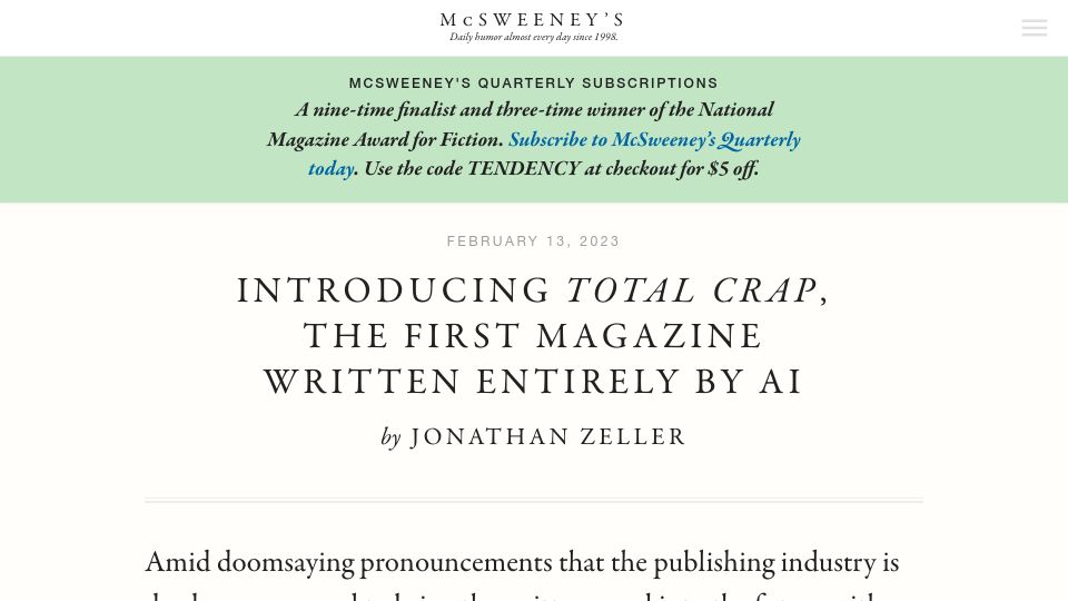 Screenshot of mcsweeneys.net: Total Crap – A magazine written by AI
