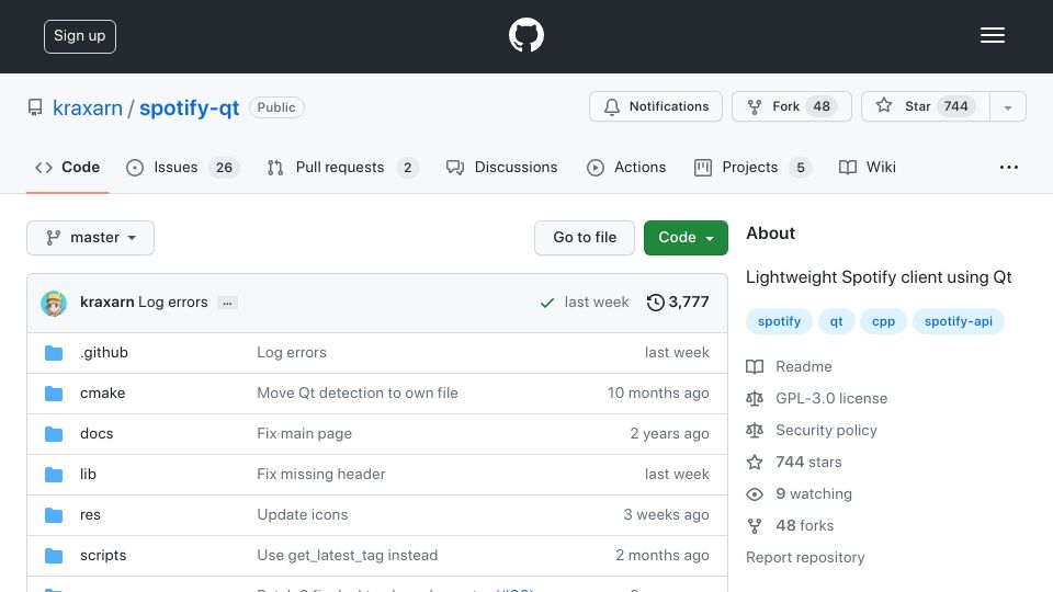 Screenshot of github.com: Spotify-Qt