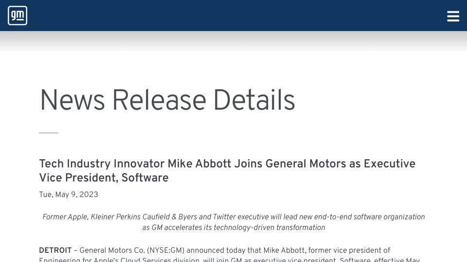 Screenshot of investor.gm.com: Ex-Apple VP Mike Abbott Joins General Motors as Exec Vice President, Software