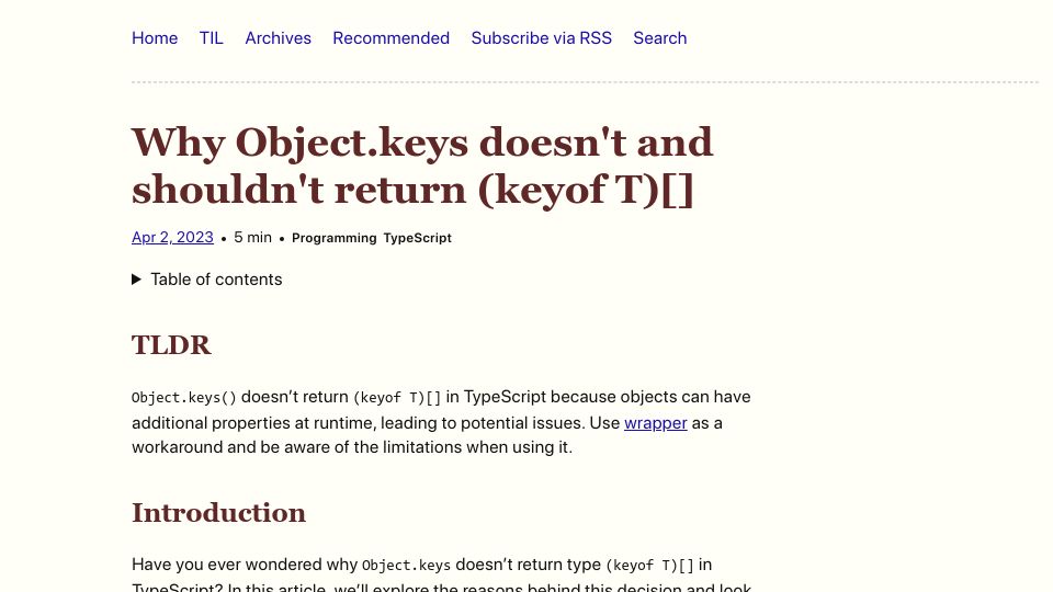 Screenshot of vladimirzdrazil.com: Why Object.keys doesn't return (keyof T)[]