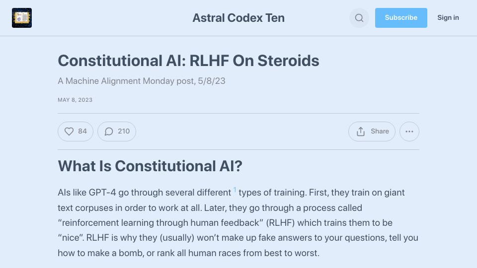 Screenshot of astralcodexten.substack.com: Constitutional AI: RLHF on Steroids