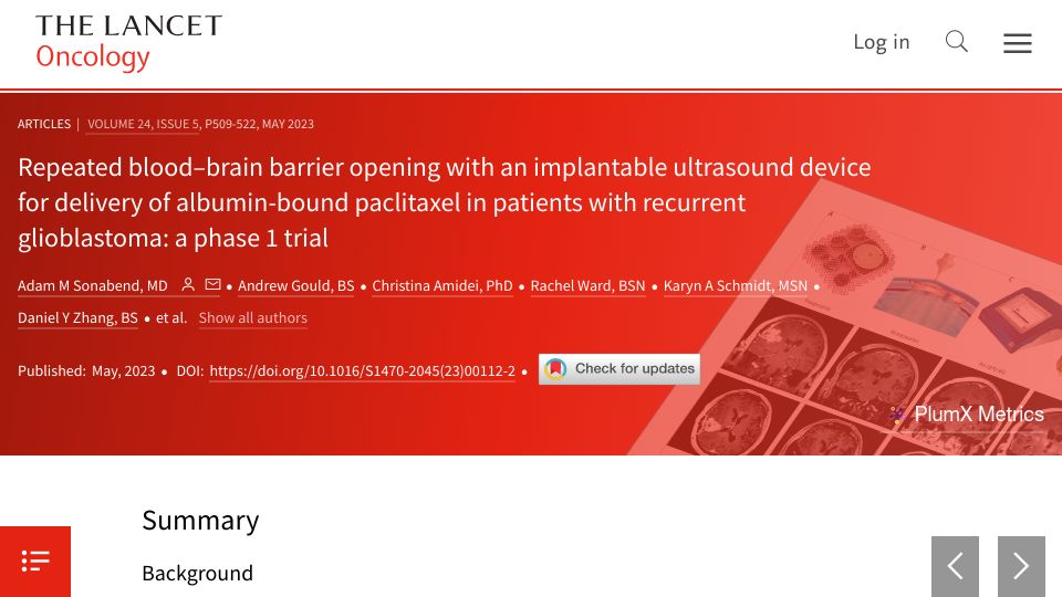 Screenshot of thelancet.com: Blood–brain barrier opening with ultrasound device in patients with glioblastoma