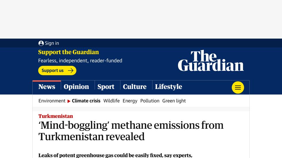 Screenshot of theguardian.com: ‘Mind-boggling’ methane emissions from Turkmenistan revealed