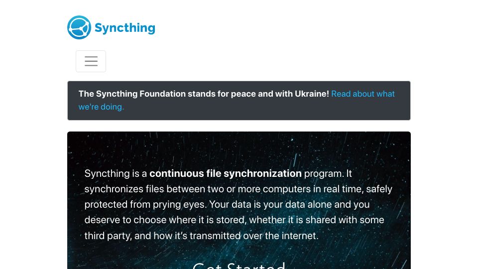 Screenshot of syncthing.net: Syncthing: A continuous file synchronization program