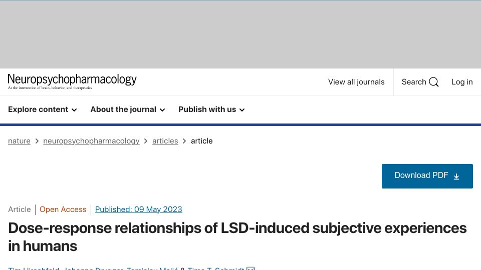 Screenshot of nature.com: Dose-response relationships of LSD-induced subjective experiences in humans
