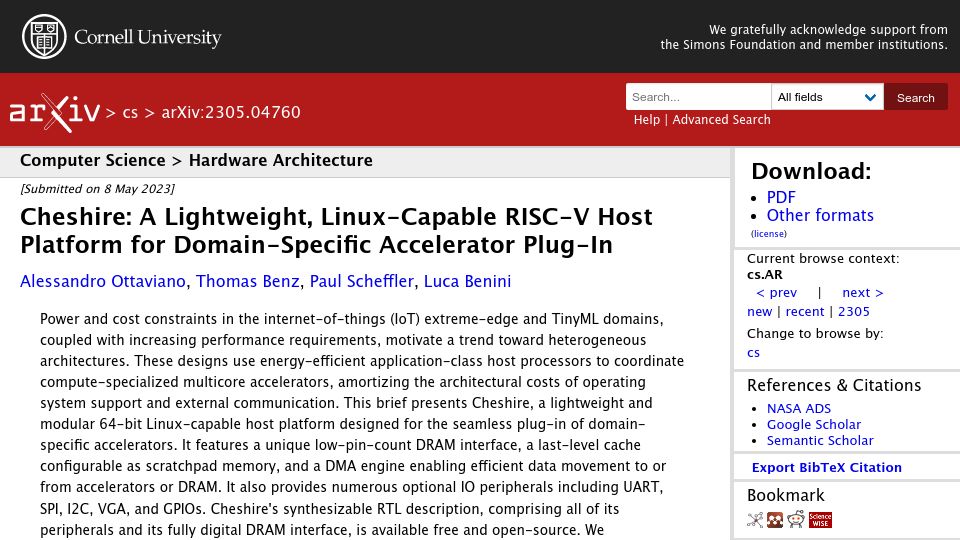 Screenshot of arxiv.org: Cheshire: A Lightweight, Linux-Capable RISC-V Host Platform