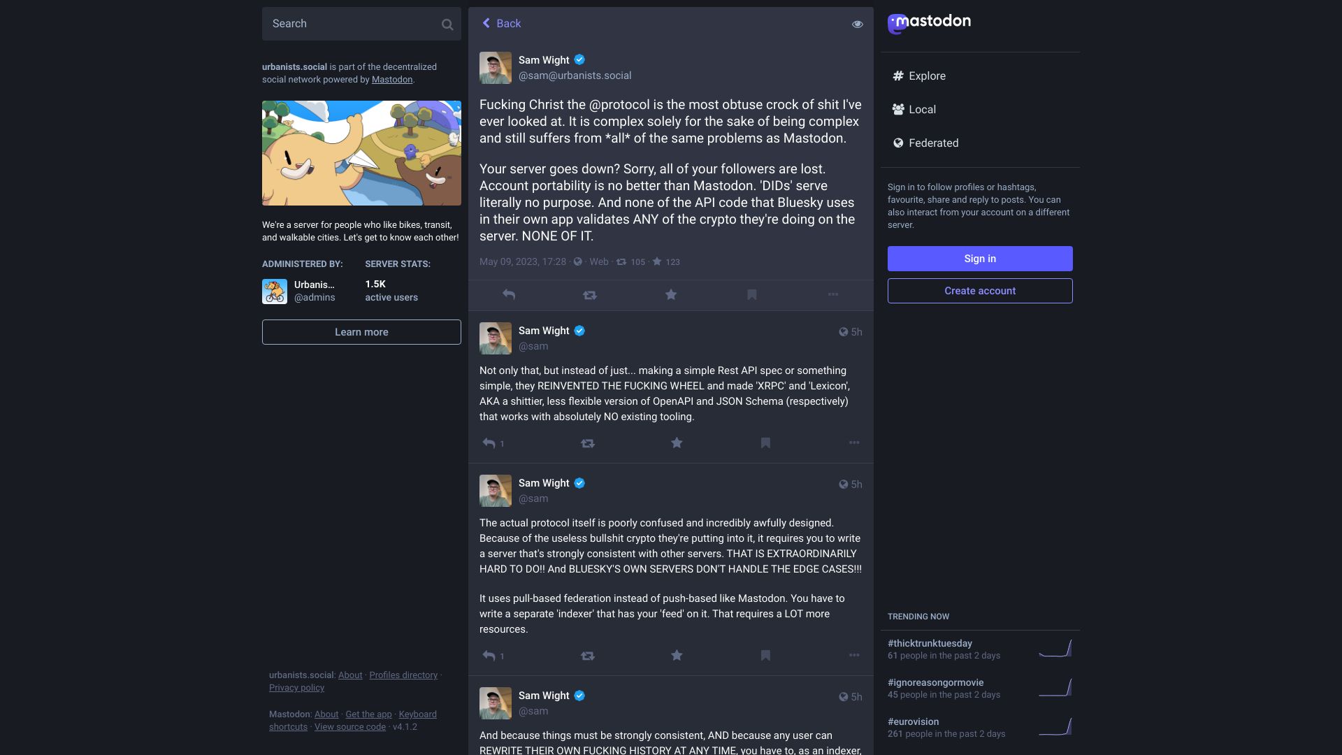 Screenshot of urbanists.social: The AT protocol is the most obtuse crock of shit