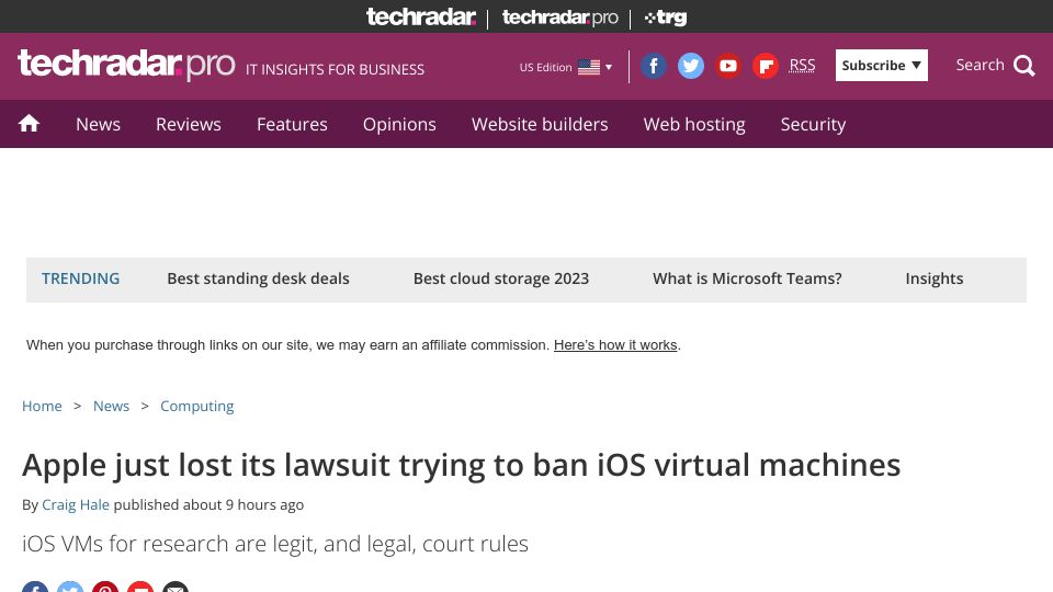 Screenshot of techradar.com: Apple just lost its lawsuit trying to ban iOS virtual machines
