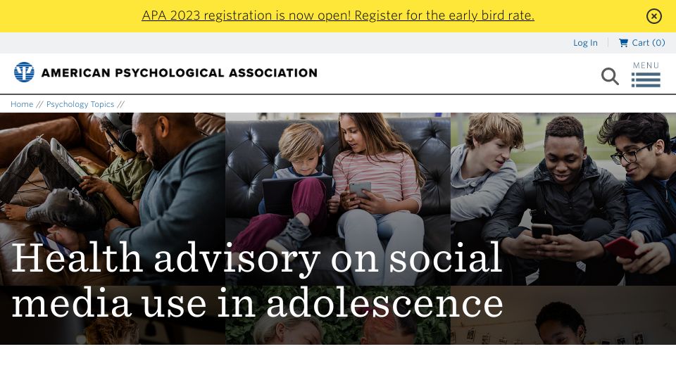 Screenshot of apa.org: Health advisory on social media use in adolescence