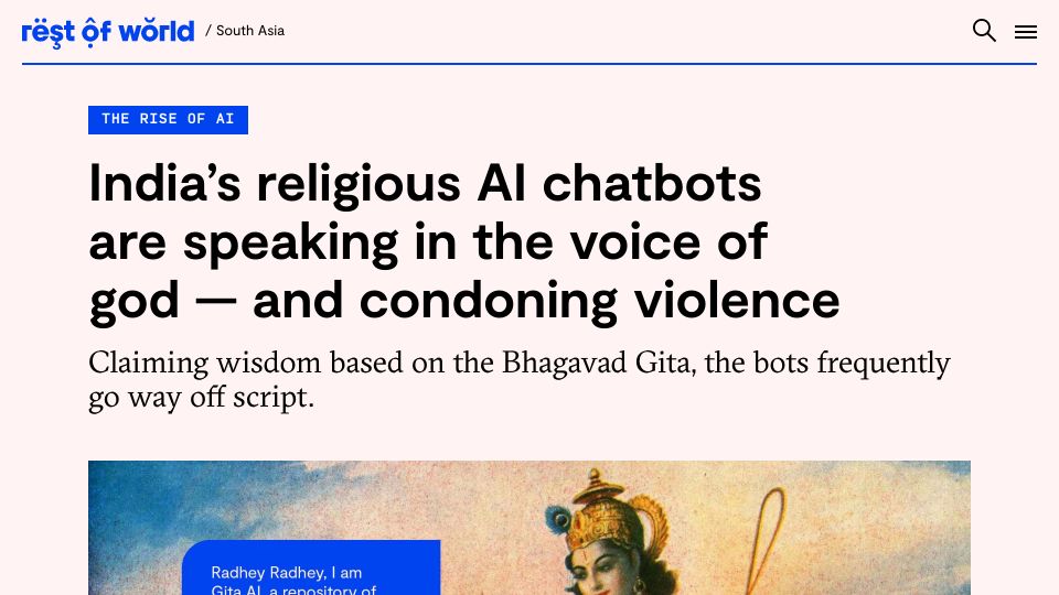 Screenshot of restofworld.org: India’s religious AI chatbots speak in the voice of god – and condone violence