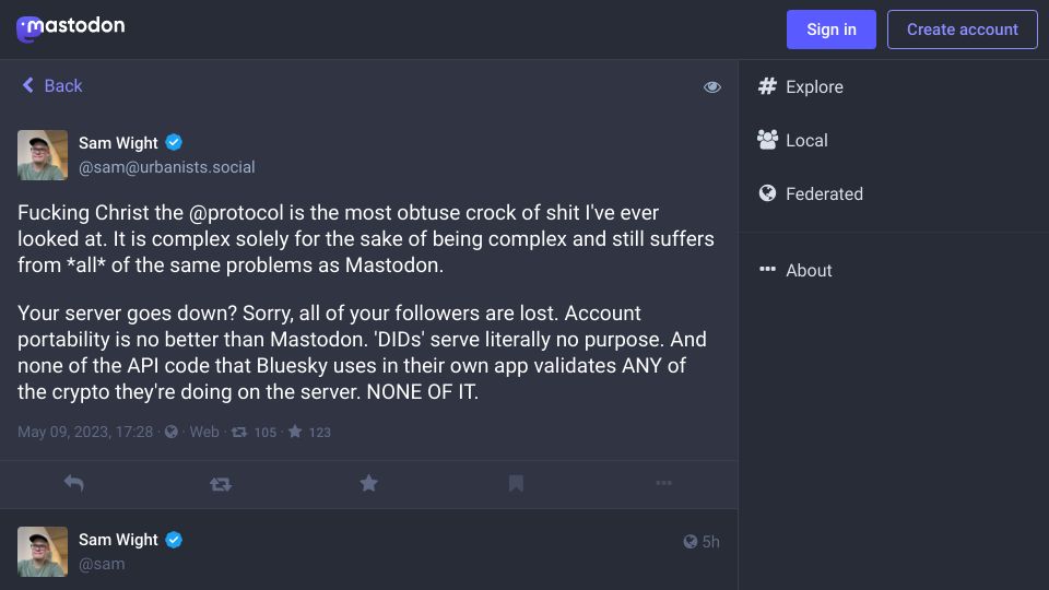 Screenshot of urbanists.social: The AT protocol is the most obtuse crock of shit