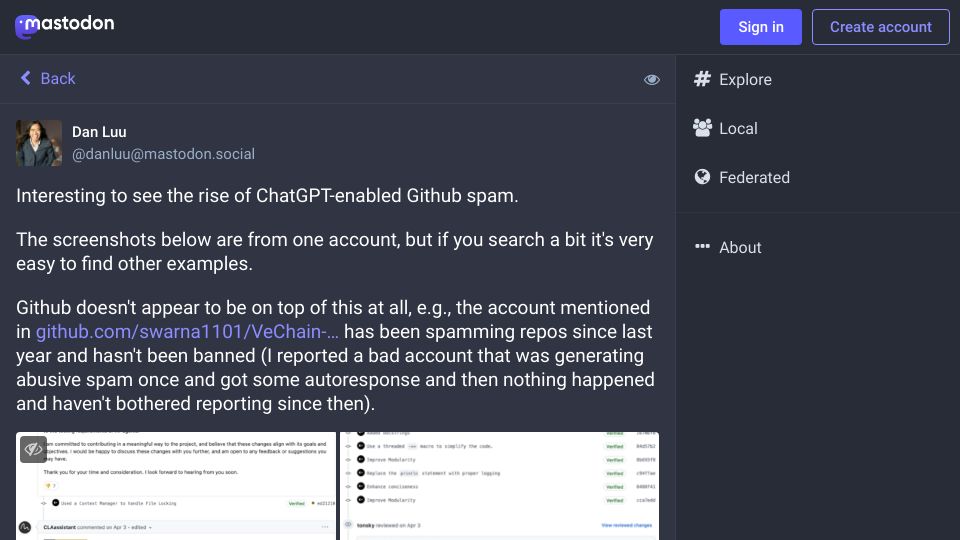 Screenshot of mastodon.social: The rise of ChatGPT-enabled GitHub spam