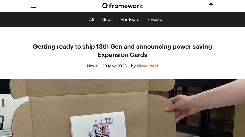 Screenshot of frame.work: Getting ready to ship 13th Gen and announcing power saving Expansion Cards