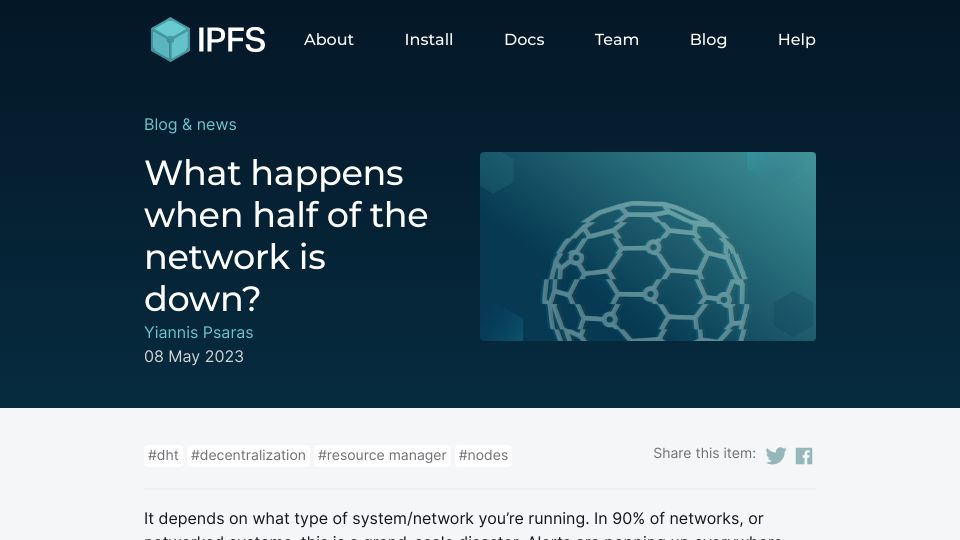 Screenshot of blog.ipfs.tech: What happens when half of the IPFS network is down?