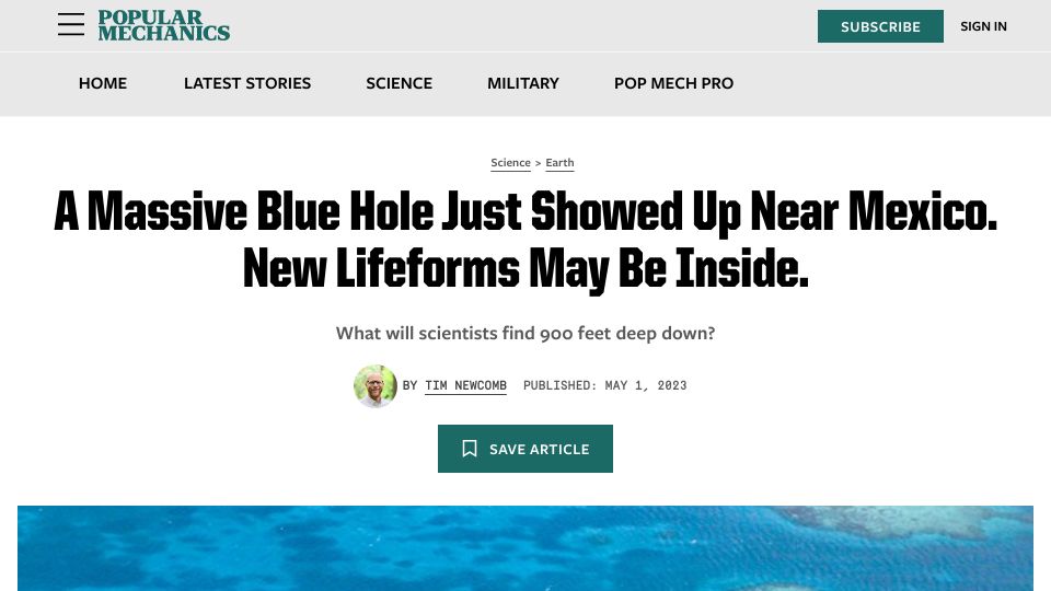 Screenshot of popularmechanics.com: Second massive “blue hole” found, 270 metres deep