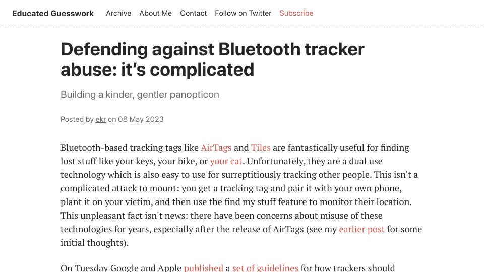 Screenshot of educatedguesswork.org: Defending against Bluetooth tracker abuse: it’s complicated