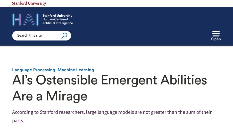 Screenshot of hai.stanford.edu: LLMs are not greater than the sum of their parts: researchers