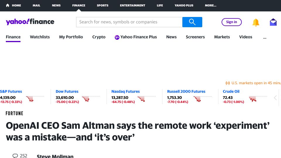 Screenshot of finance.yahoo.com: OpenAI CEO Sam Altman says the remote work ‘experiment’ was a mistake