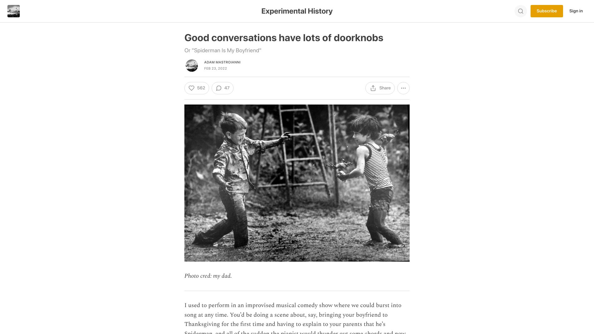 Screenshot of experimental-history.com: Good conversations have lots of doorknobs