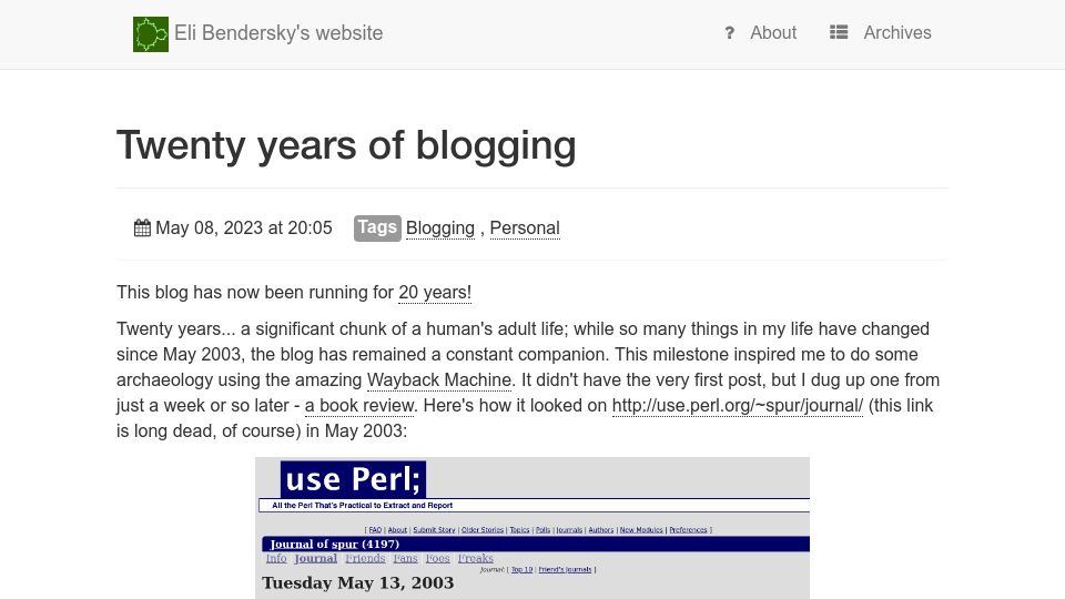 Screenshot of eli.thegreenplace.net: Twenty years of blogging