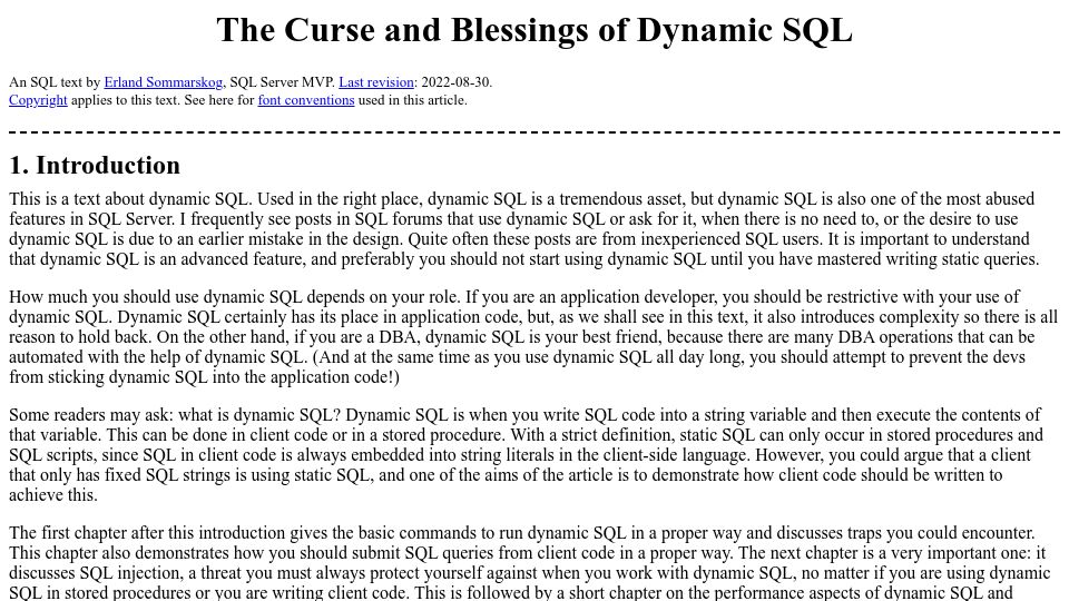 Screenshot of sommarskog.se: The curse and blessings of dynamic SQL (2004-2022)