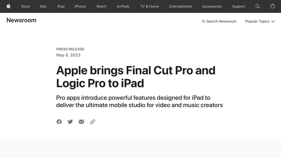 Screenshot of apple.com: Apple brings Final Cut Pro and Logic Pro to iPad