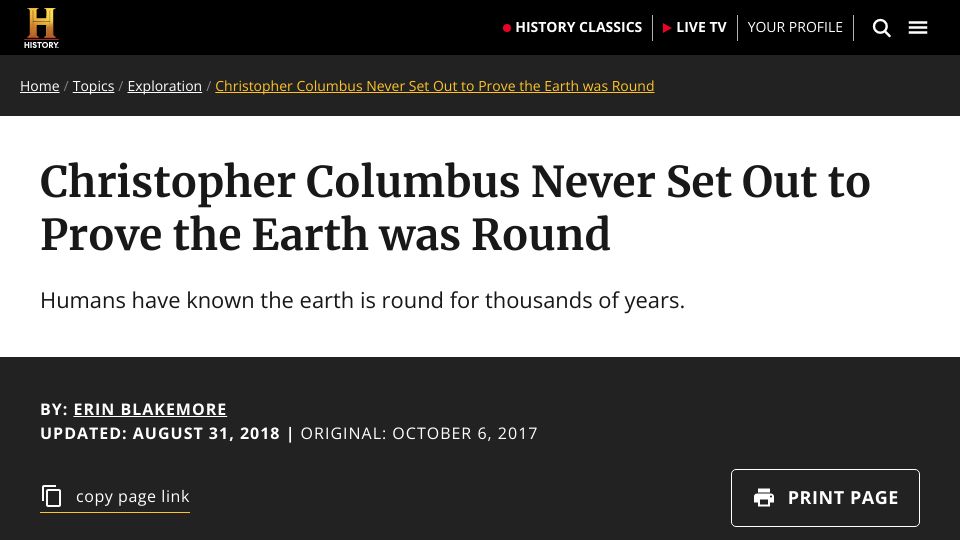 Screenshot of history.com: Humans have known the earth is round for thousands of years (2018)