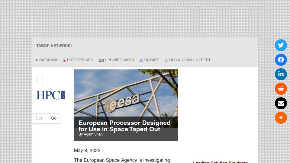 Screenshot of hpcwire.com: 432-Core RISC-V European Processor Designed for Use in Space Taped Out