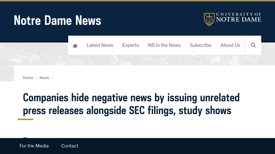 Screenshot of news.nd.edu: Companies hide negative news with unrelated press releases alongside SEC filings