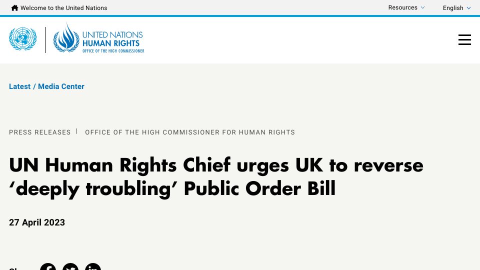 Screenshot of ohchr.org: UN Human Rights Chief Urges UK to Reverse ‘Deeply Troubling’ Public Order Bill