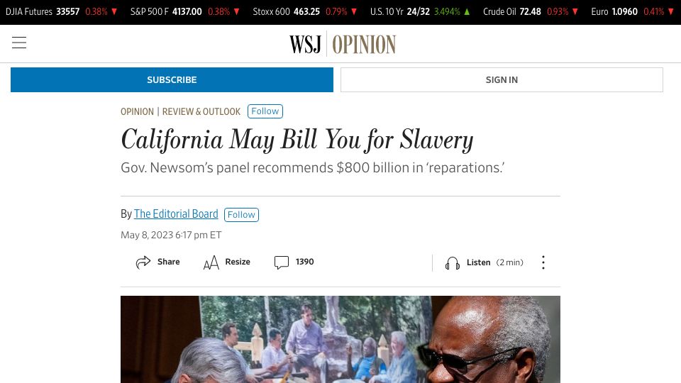 Screenshot of wsj.com: California May Bill You for Slavery