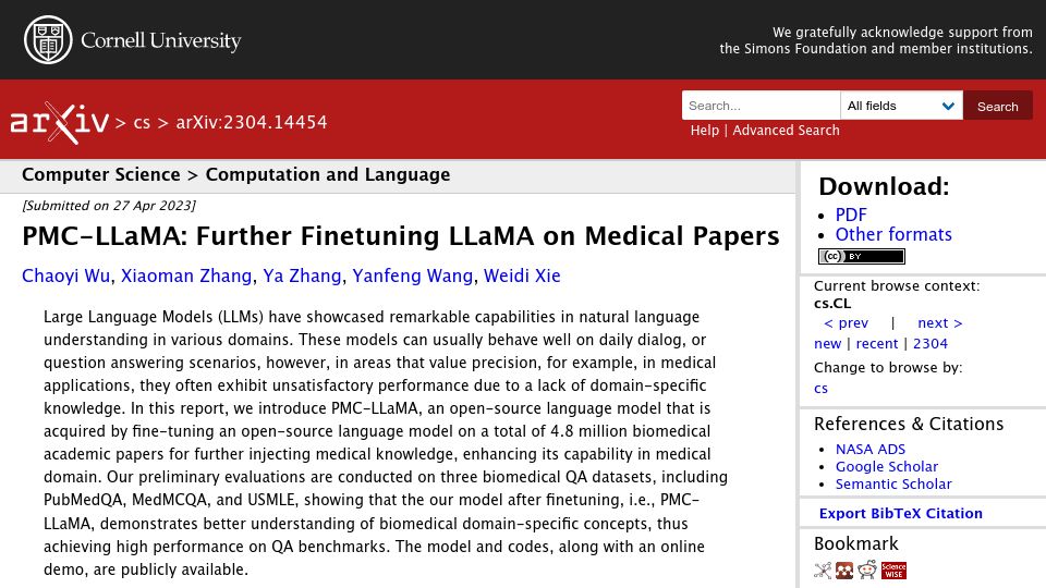 Screenshot of arxiv.org: PMC-LLaMA: Further Finetuning LLaMA on Medical Papers