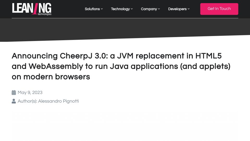 Screenshot of leaningtech.com: CheerpJ 3.0: a JVM replacement in HTML5 and WASM to run Java on modern browsers