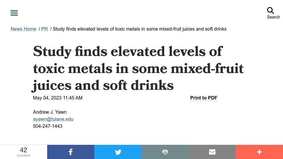 Screenshot of news.tulane.edu: Study finds elevated levels of toxic metals in some juices and soft drinks