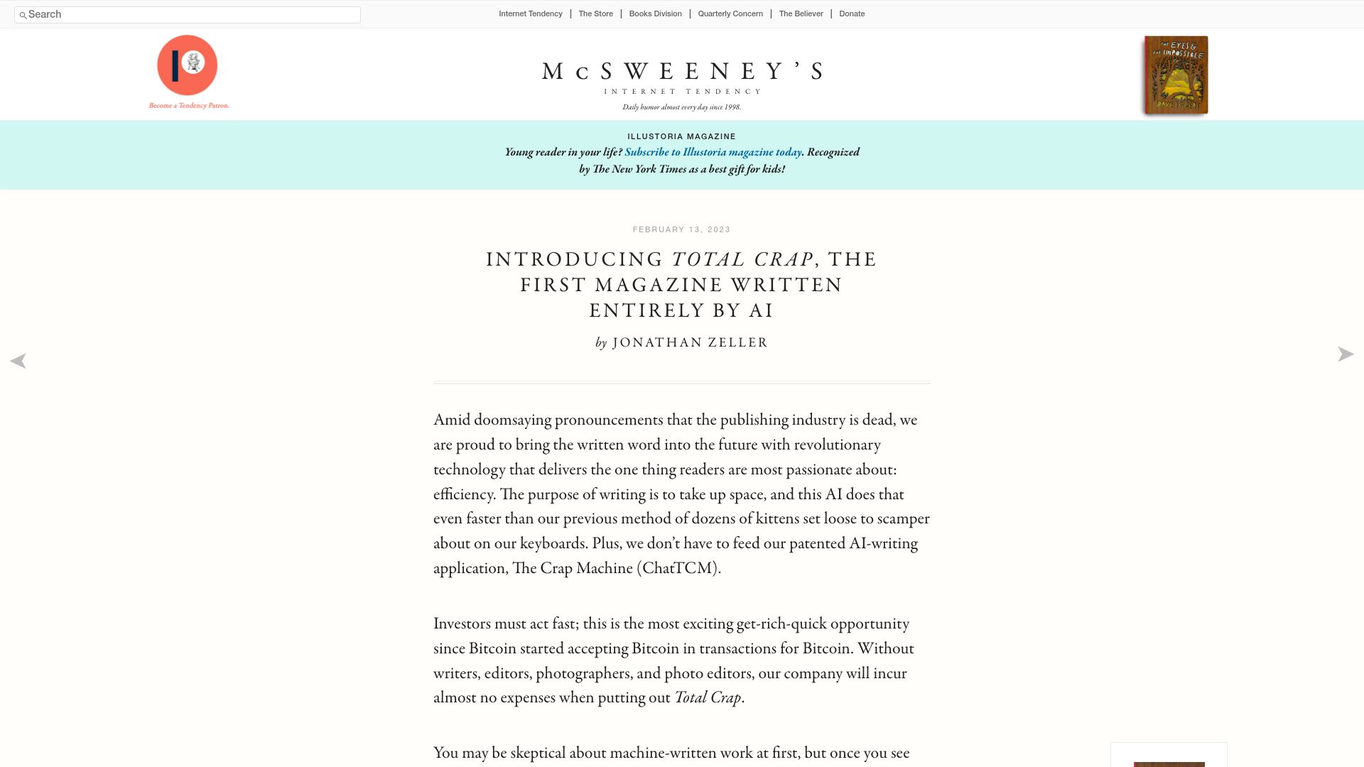 Screenshot of mcsweeneys.net: Total Crap – A magazine written by AI