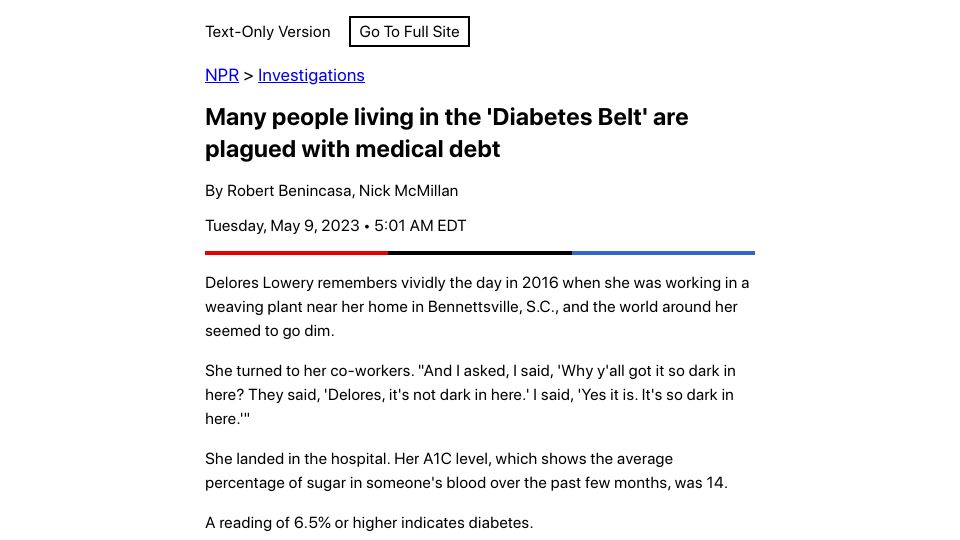 Screenshot of text.npr.org: Many people living in the 'Diabetes Belt' are plagued with medical debt
