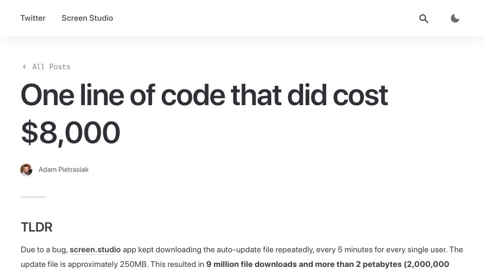 Screenshot of pietrasiak.com: One line of code that did cost $8k