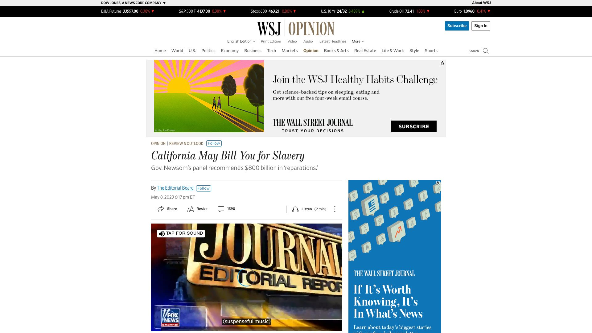 Screenshot of wsj.com: California May Bill You for Slavery
