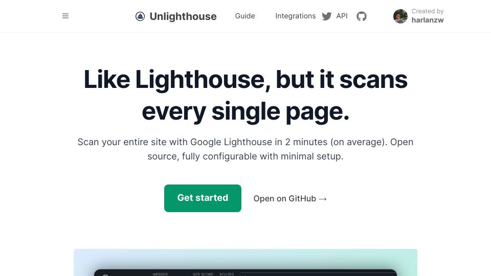Screenshot of unlighthouse.dev: Unlighthouse: Like Lighthouse, but it scans every single page