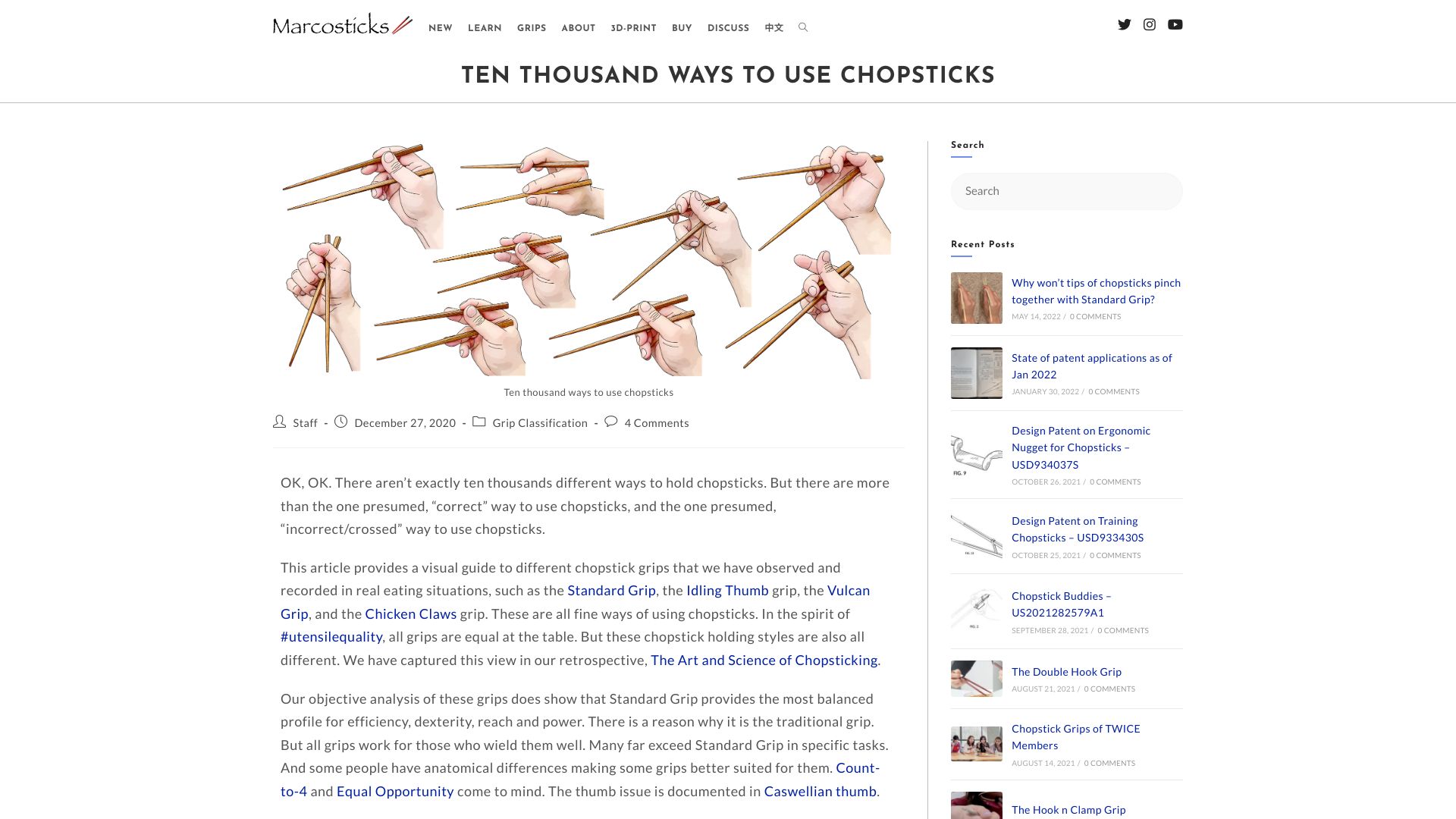Screenshot of marcosticks.org: Ten Thousand Ways to Use Chopsticks